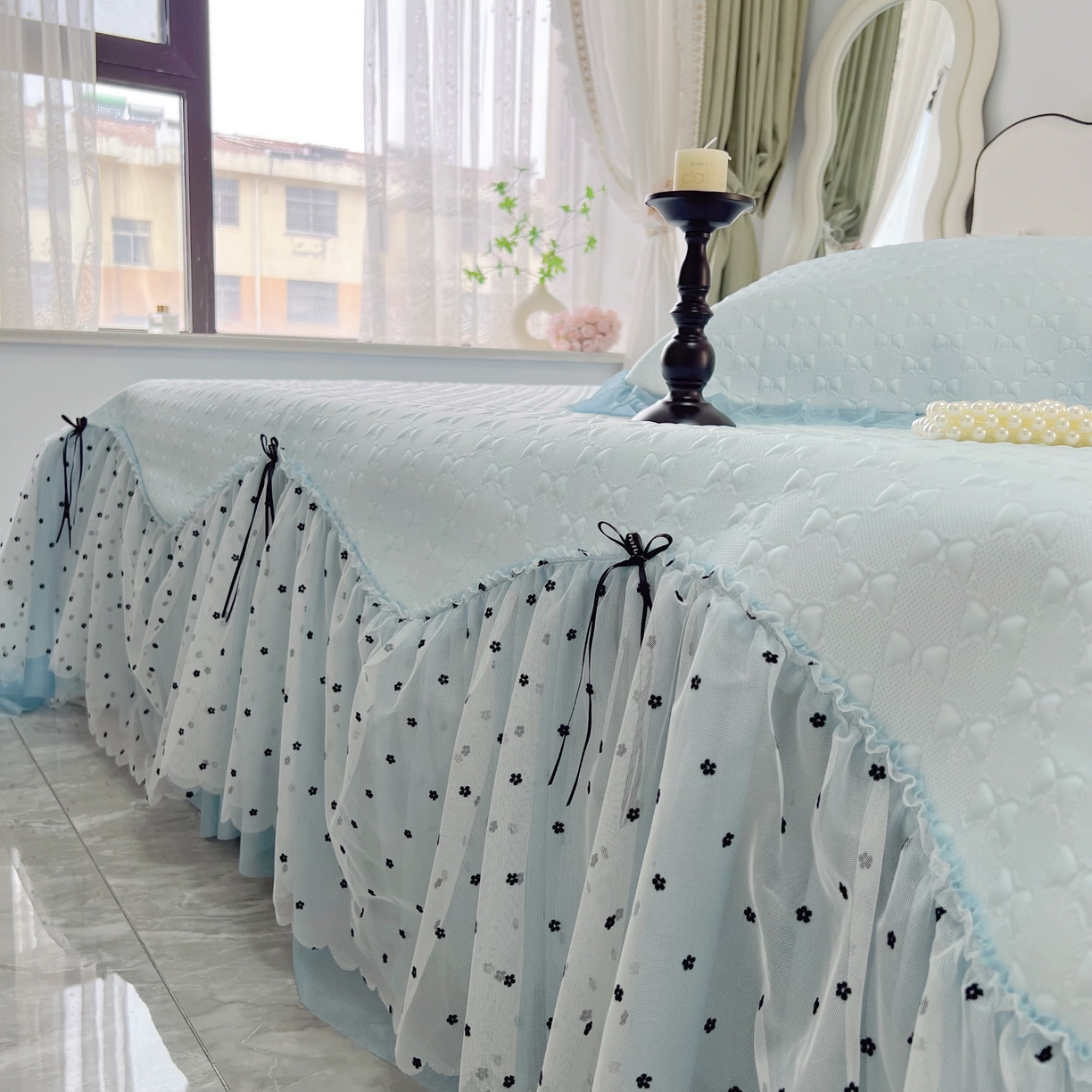 91家纺网 家纺一手货源 找家纺 恋尚羽家纺 2026新款高分子PE凉泡泡大床裙凉感席波浪冰豆豆凉席席子三件套-小确幸 小确幸-蓝色