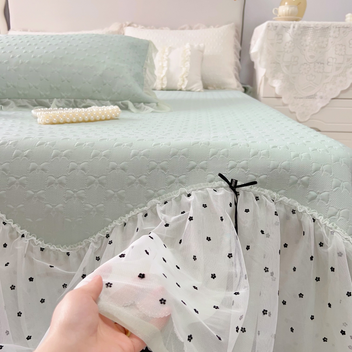 91家纺网 家纺一手货源 找家纺 恋尚羽家纺 2026新款高分子PE凉泡泡大床裙凉感席波浪冰豆豆凉席席子三件套-小确幸 小确幸-绿色