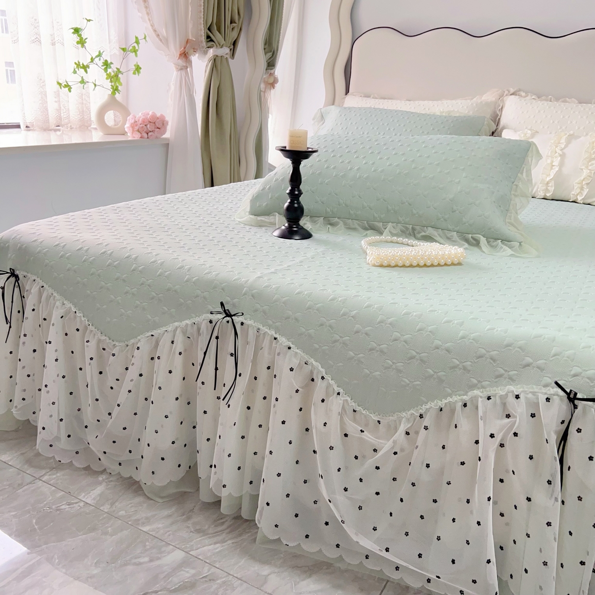 91家纺网 家纺一手货源 找家纺 恋尚羽家纺 2026新款高分子PE凉泡泡大床裙凉感席波浪冰豆豆凉席席子三件套-小确幸 小确幸-绿色