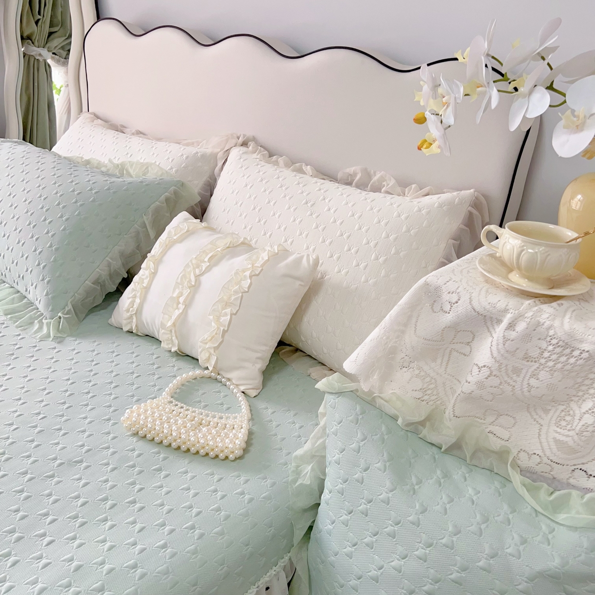 91家纺网 家纺一手货源 找家纺 恋尚羽家纺 2026新款高分子PE凉泡泡大床裙凉感席波浪冰豆豆凉席席子三件套-小确幸 小确幸-绿色