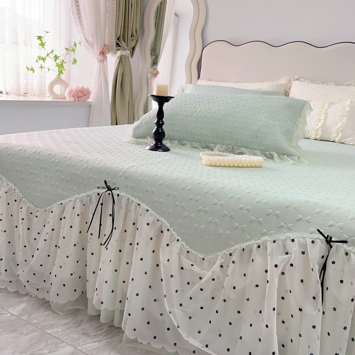 91家纺网 家纺一手货源 找家纺 恋尚羽家纺 2026新款高分子PE凉泡泡大床裙凉感席波浪冰豆豆凉席席子三件套-小确幸 小确幸-绿色