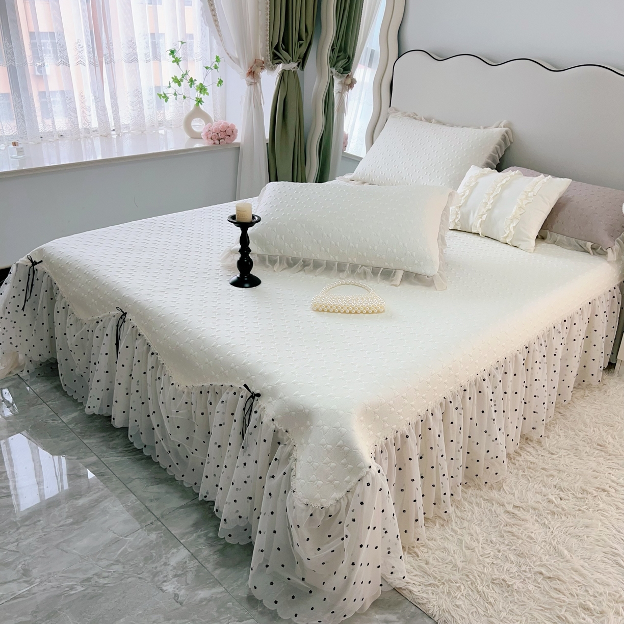 91家纺网 家纺一手货源 找家纺 恋尚羽家纺 2026新款高分子PE凉泡泡大床裙凉感席波浪冰豆豆凉席席子三件套-小确幸 小确幸-米白