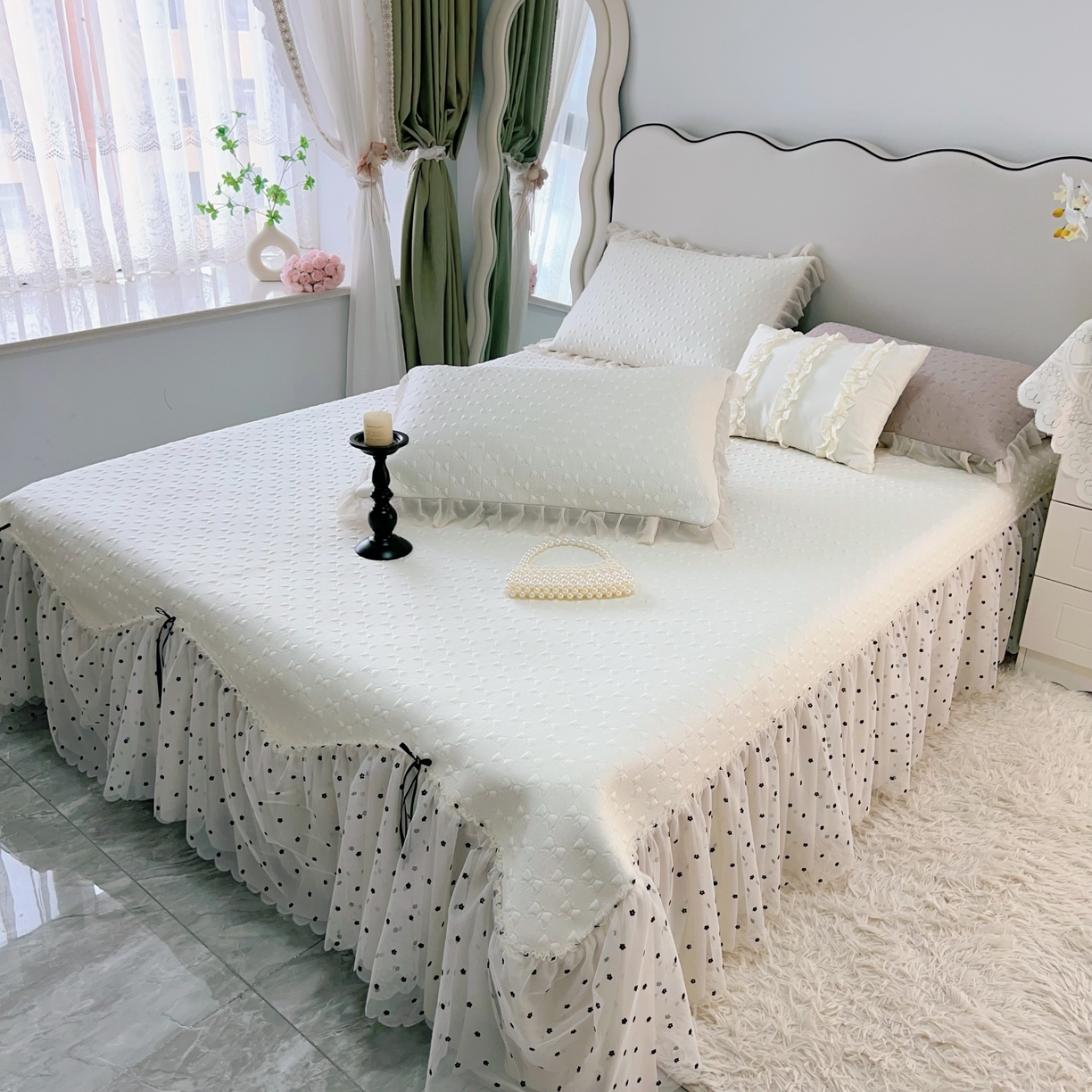 91家纺网 家纺一手货源 找家纺 恋尚羽家纺 2026新款高分子PE凉泡泡大床裙凉感席波浪冰豆豆凉席席子三件套-小确幸 小确幸-米白
