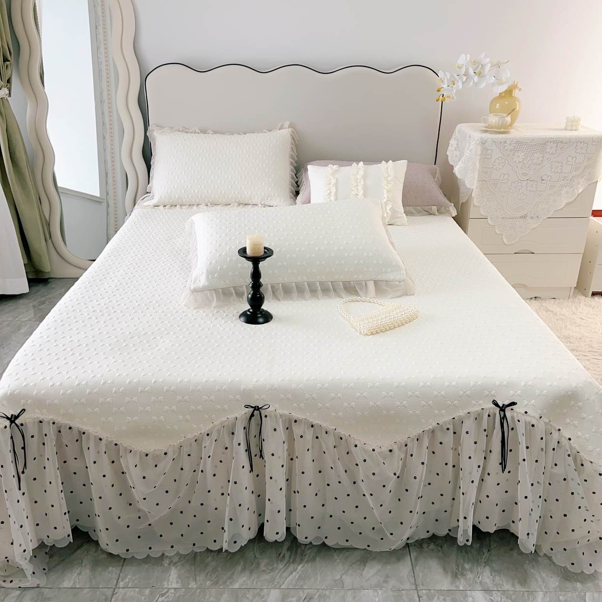 91家纺网 家纺一手货源 找家纺 恋尚羽家纺 2026新款高分子PE凉泡泡大床裙凉感席波浪冰豆豆凉席席子三件套-小确幸 小确幸-米白