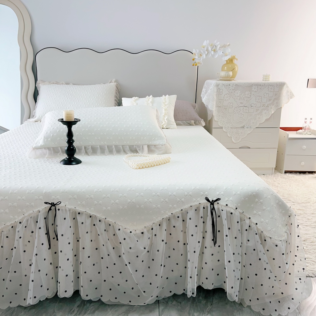 91家纺网 家纺一手货源 找家纺 恋尚羽家纺 2026新款高分子PE凉泡泡大床裙凉感席波浪冰豆豆凉席席子三件套-小确幸 小确幸-米白