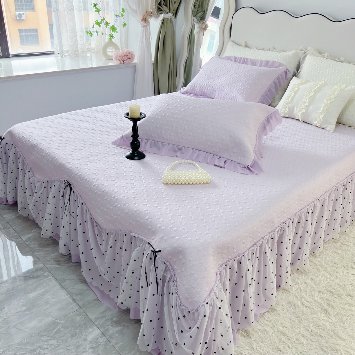 91家纺网 家纺一手货源 找家纺 恋尚羽家纺 2026新款高分子PE凉泡泡大床裙凉感席波浪冰豆豆凉席席子三件套-小确幸 小确幸-紫色