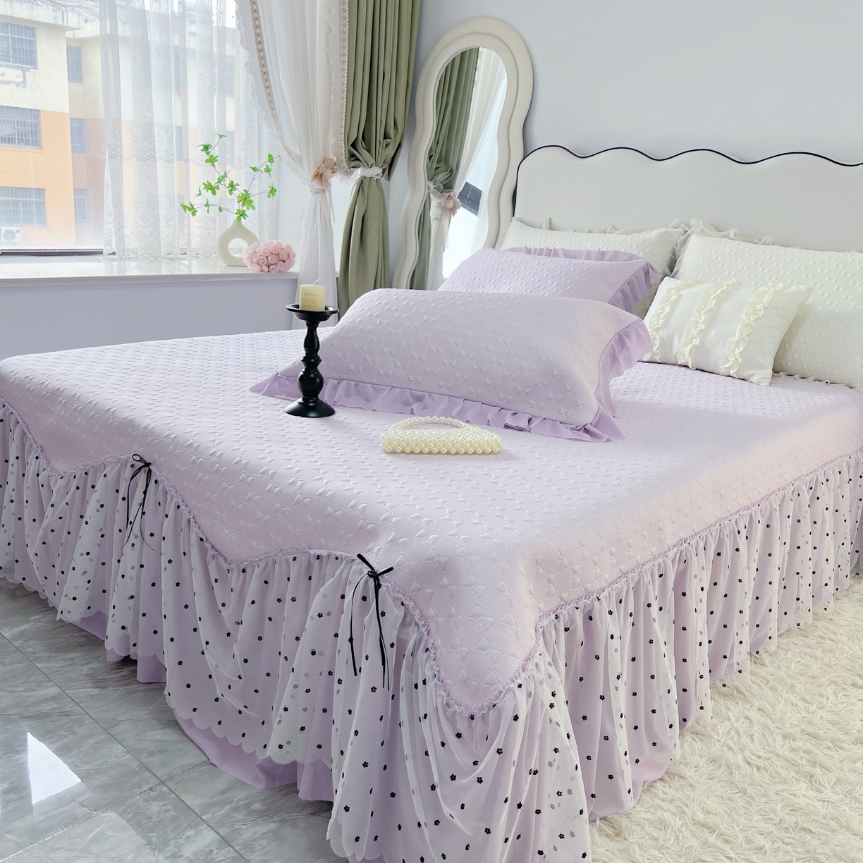 91家纺网 家纺一手货源 找家纺 恋尚羽家纺 2026新款高分子PE凉泡泡大床裙凉感席波浪冰豆豆凉席席子三件套-小确幸 小确幸-紫色