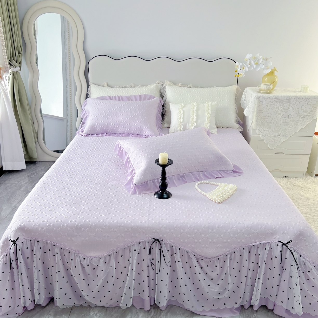 91家纺网 家纺一手货源 找家纺 恋尚羽家纺 2026新款高分子PE凉泡泡大床裙凉感席波浪冰豆豆凉席席子三件套-小确幸 小确幸-紫色