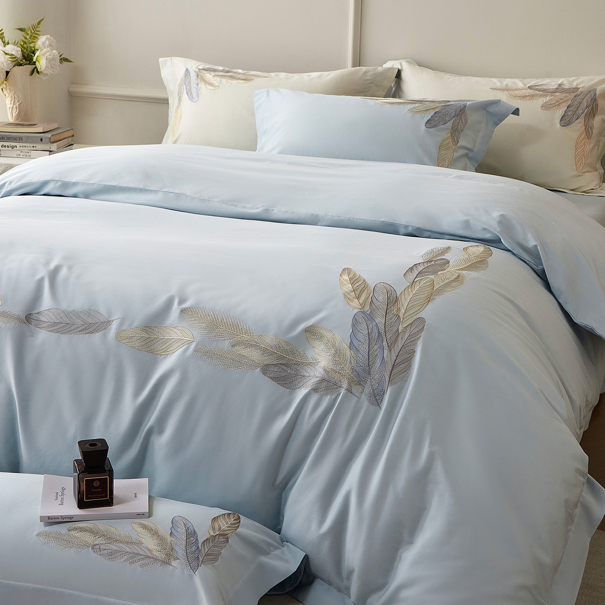 91家纺网 家纺一手货源 找家纺 优悦生活馆 2026新款冰丝刺绣四件套-露晞 露晞-蓝