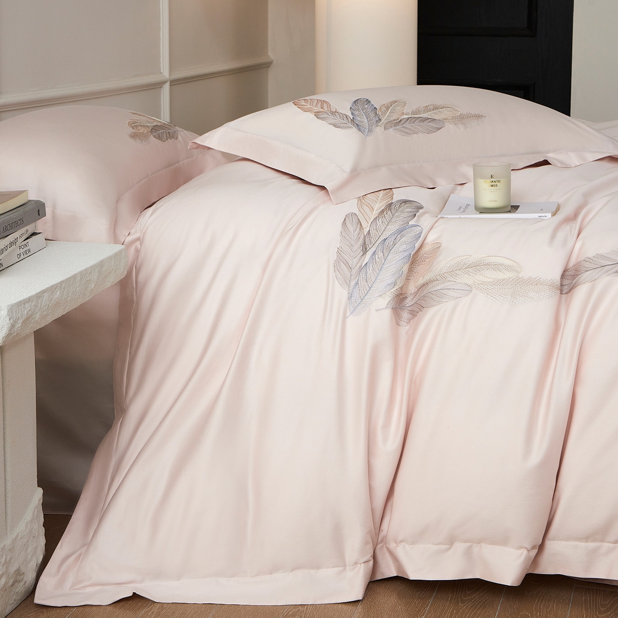 91家纺网 家纺一手货源 找家纺 优悦生活馆 2026新款冰丝刺绣四件套-露晞 露晞-粉