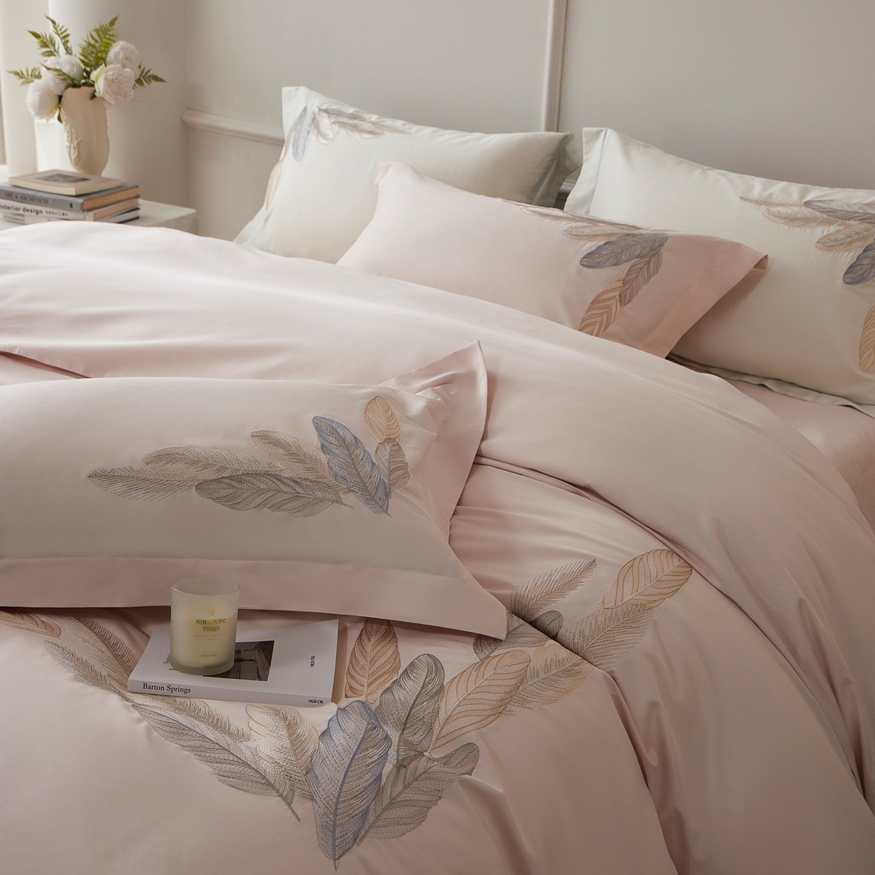 91家纺网 家纺一手货源 找家纺 优悦生活馆 2026新款冰丝刺绣四件套-露晞 露晞-粉