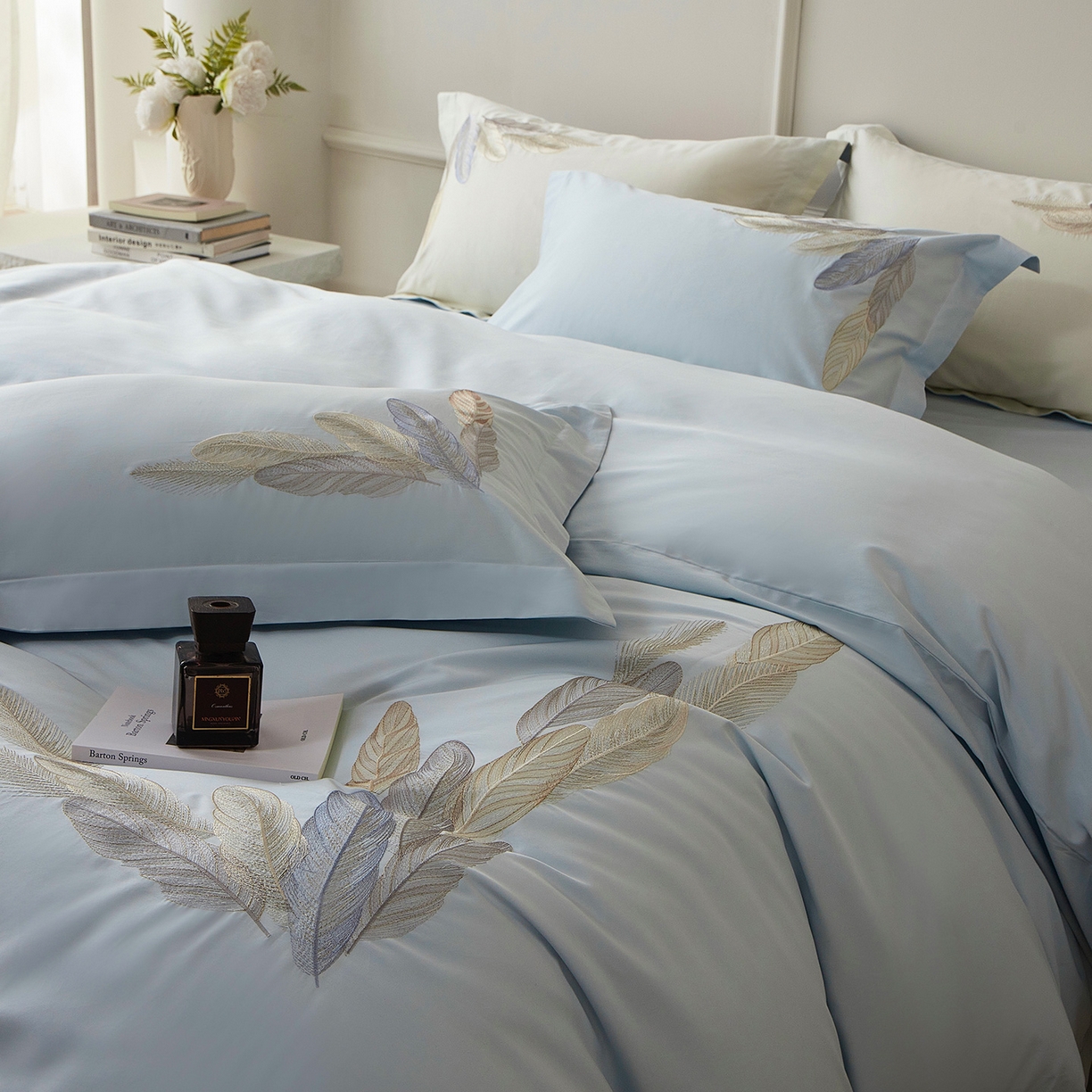 91家纺网 家纺一手货源 找家纺 优悦生活馆 2026新款冰丝刺绣四件套-露晞 露晞-蓝