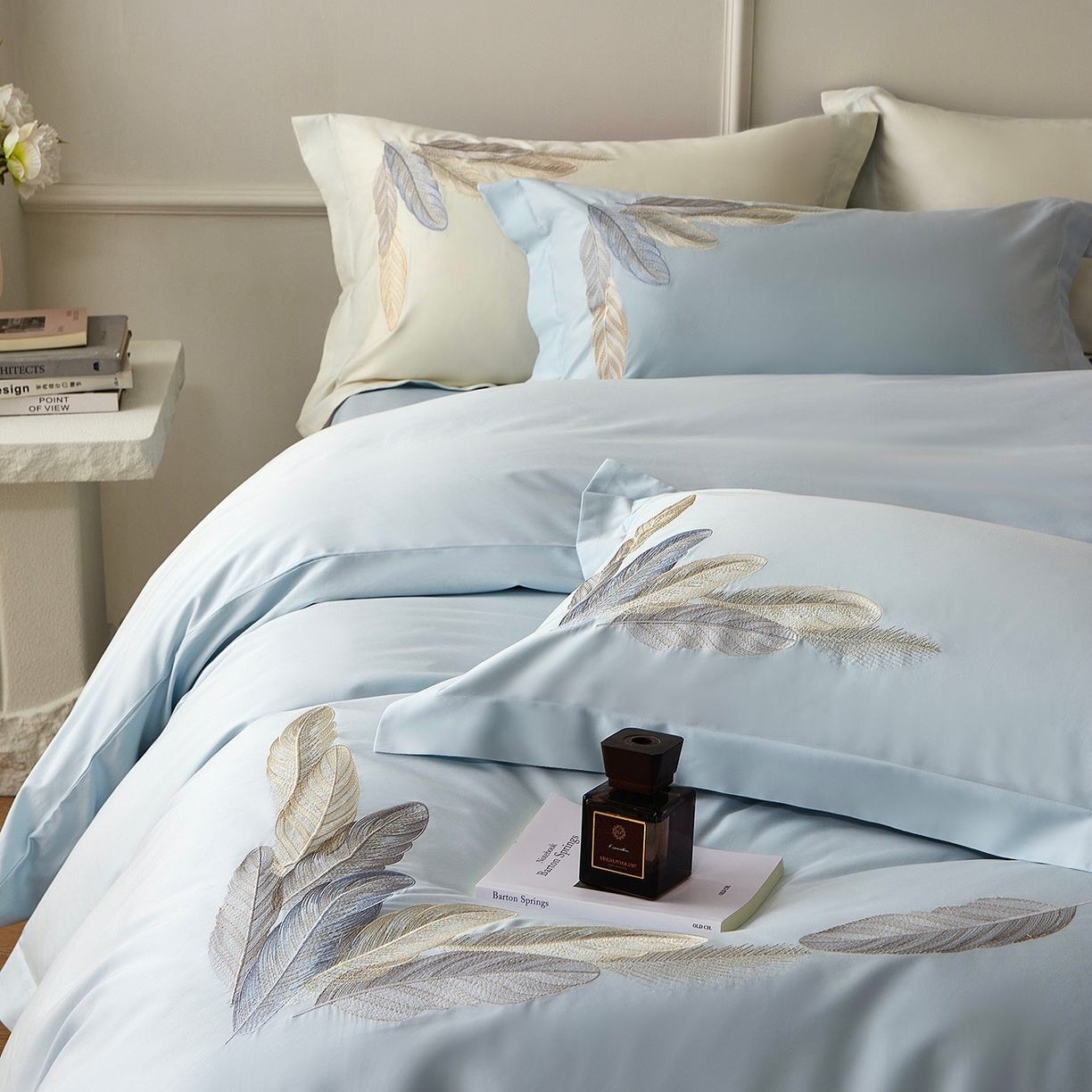 91家纺网 家纺一手货源 找家纺 优悦生活馆 2026新款冰丝刺绣四件套-露晞 露晞-蓝