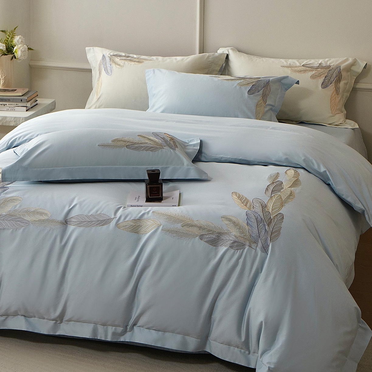 91家纺网 家纺一手货源 找家纺 优悦生活馆 2026新款冰丝刺绣四件套-露晞 露晞-蓝