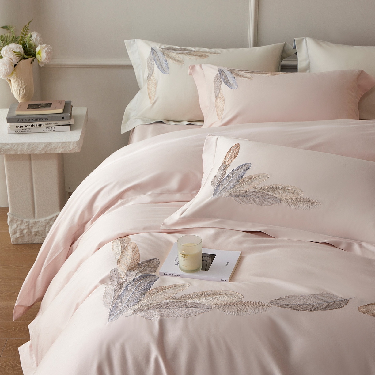 91家纺网 家纺一手货源 找家纺 优悦生活馆 2026新款冰丝刺绣四件套-露晞 露晞-粉