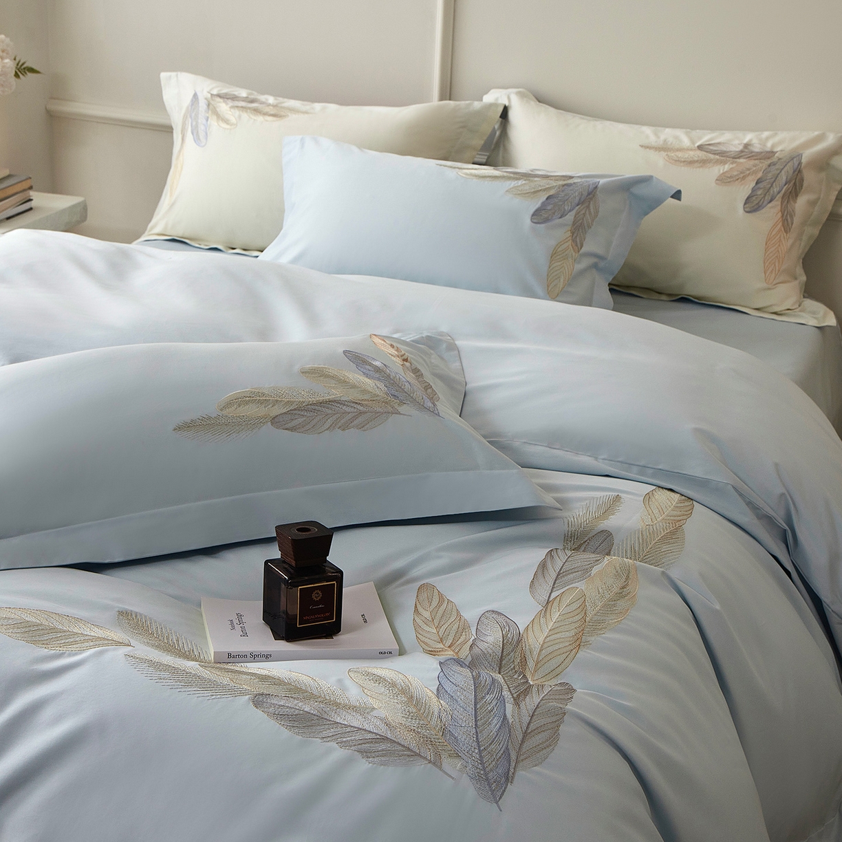 91家纺网 家纺一手货源 找家纺 优悦生活馆 2026新款冰丝刺绣四件套-露晞 露晞-蓝