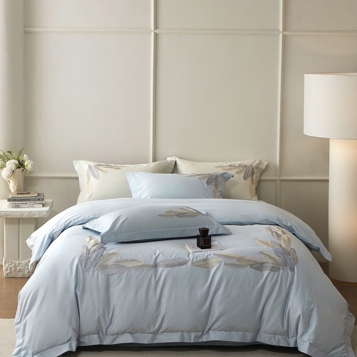 91家纺网 家纺一手货源 找家纺 优悦生活馆 2026新款冰丝刺绣四件套-露晞 露晞-蓝