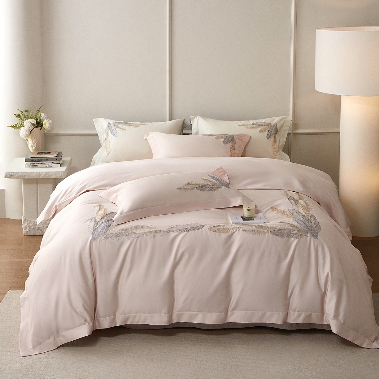 91家纺网 家纺一手货源 找家纺 优悦生活馆 2026新款冰丝刺绣四件套-露晞 露晞-粉