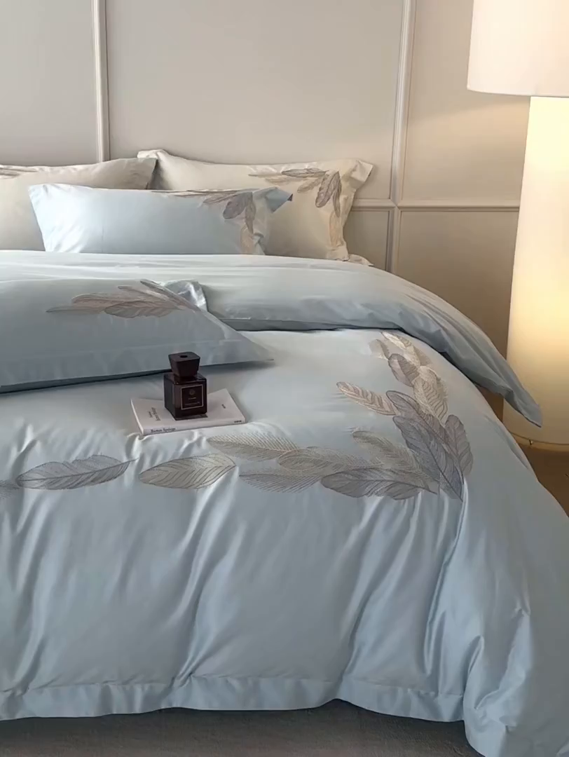 91家纺网 家纺一手货源 找家纺 优悦生活馆 2026新款冰丝刺绣四件套-露晞 露晞-蓝