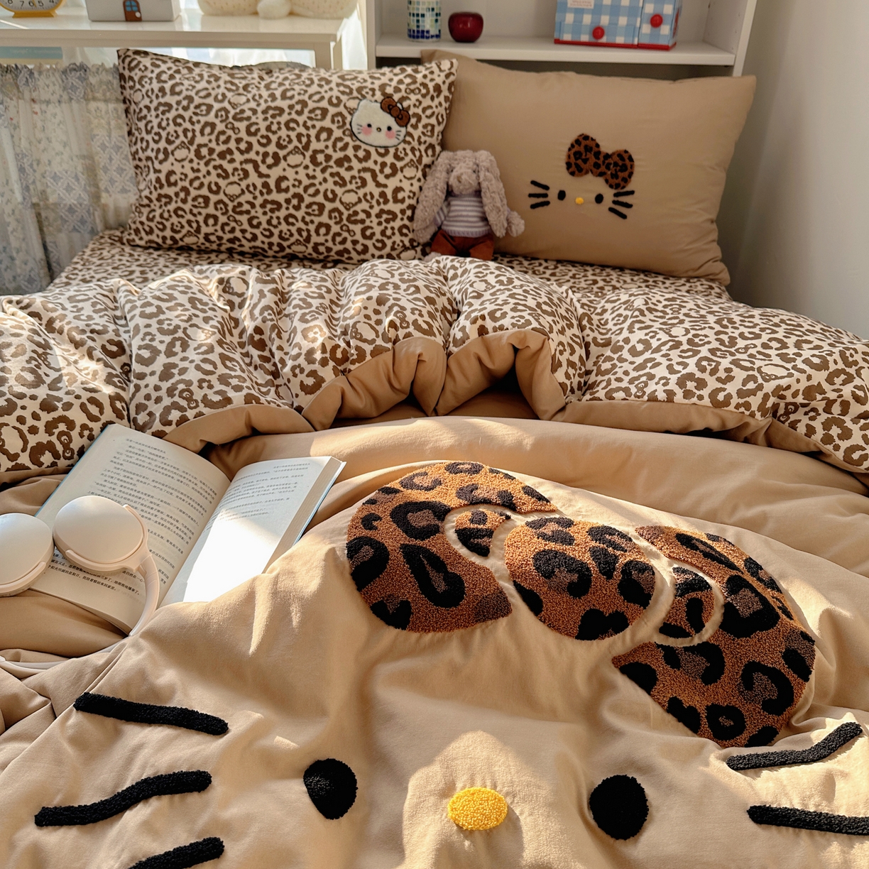 91家纺网 家纺一手货源 找家纺 玉海棠家纺 2026新款高克重超软糯可爱系毛巾绣四件套 豹纹猫脸