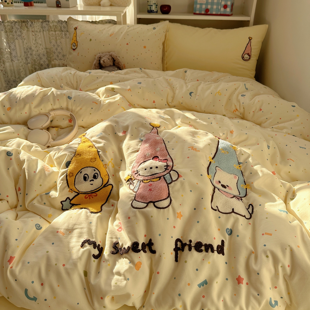 91家纺网 家纺一手货源 找家纺 玉海棠家纺 2026新款高克重超软糯可爱系毛巾绣四件套 欢喜朋友拉