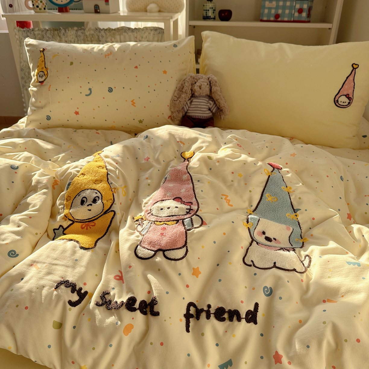 91家纺网 家纺一手货源 找家纺 玉海棠家纺 2026新款高克重超软糯可爱系毛巾绣四件套 欢喜朋友拉