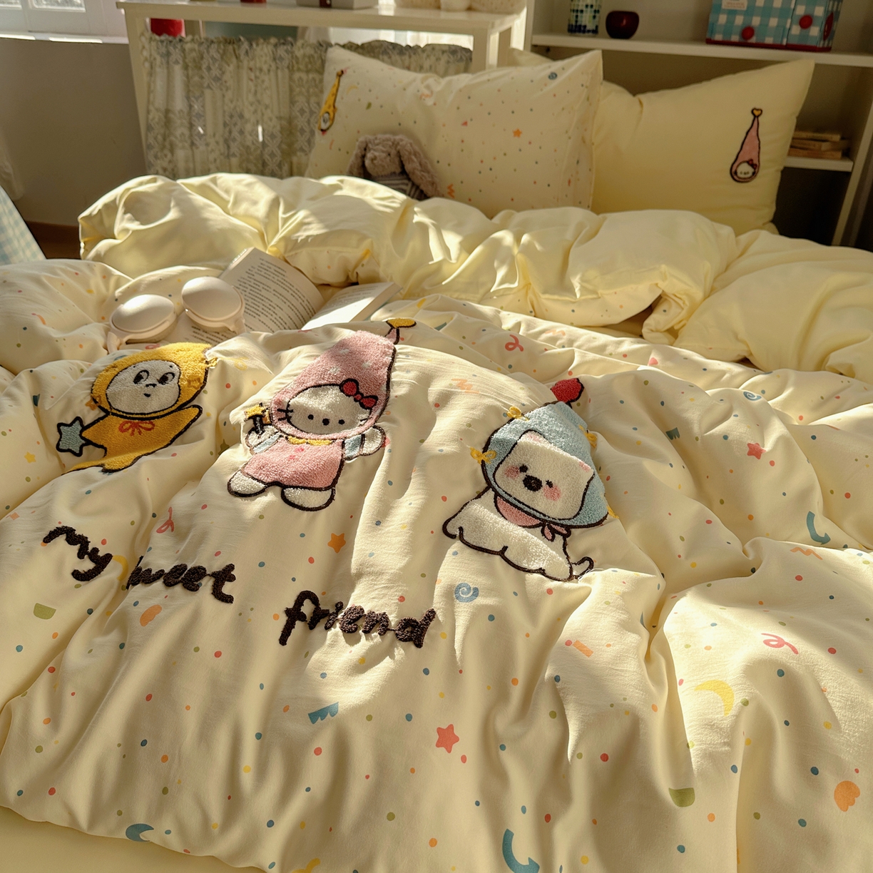 91家纺网 家纺一手货源 找家纺 玉海棠家纺 2026新款高克重超软糯可爱系毛巾绣四件套 欢喜朋友拉