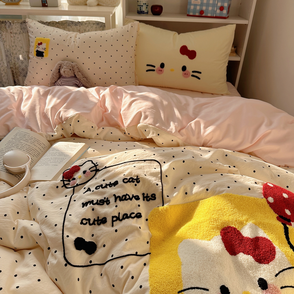 91家纺网 家纺一手货源 找家纺 玉海棠家纺 2026新款高克重超软糯可爱系毛巾绣四件套 猫咪气球