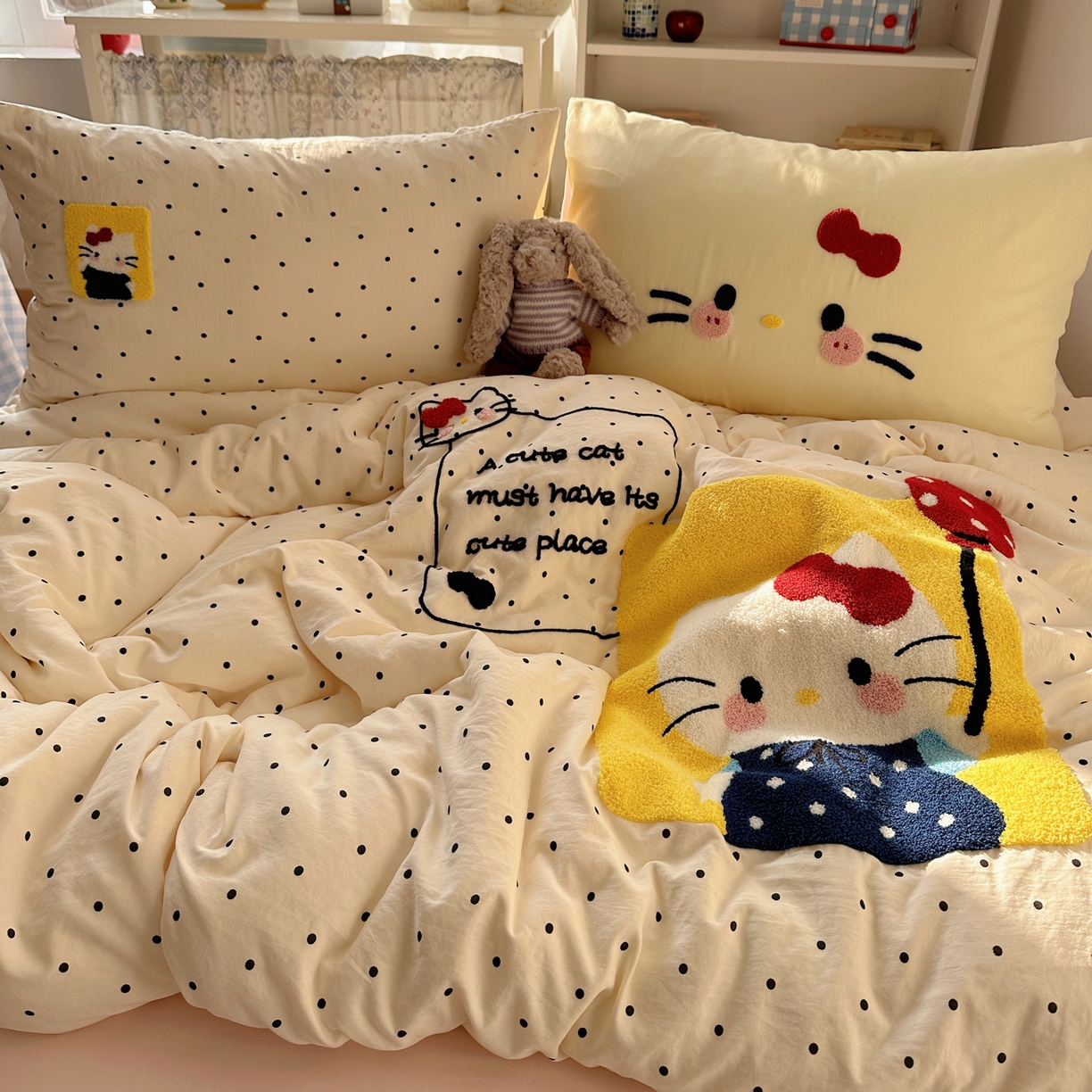 91家纺网 家纺一手货源 找家纺 玉海棠家纺 2026新款高克重超软糯可爱系毛巾绣四件套 猫咪气球