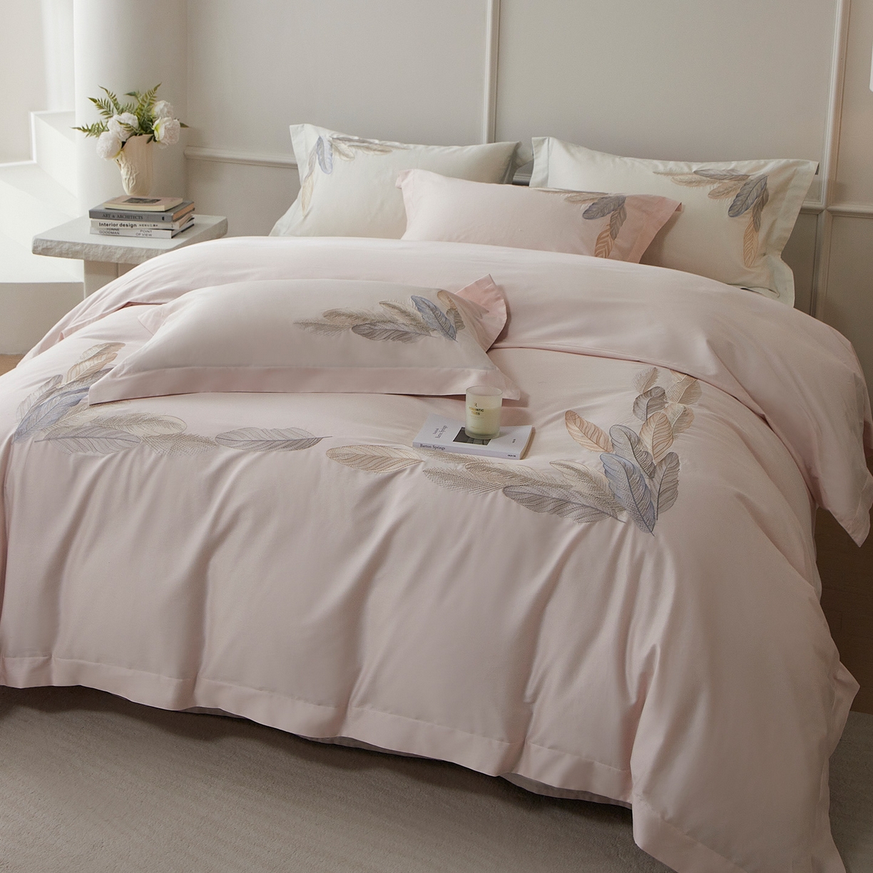 91家纺网 家纺一手货源 找家纺 优悦生活馆 2026新款冰丝刺绣四件套-露晞 露晞-粉