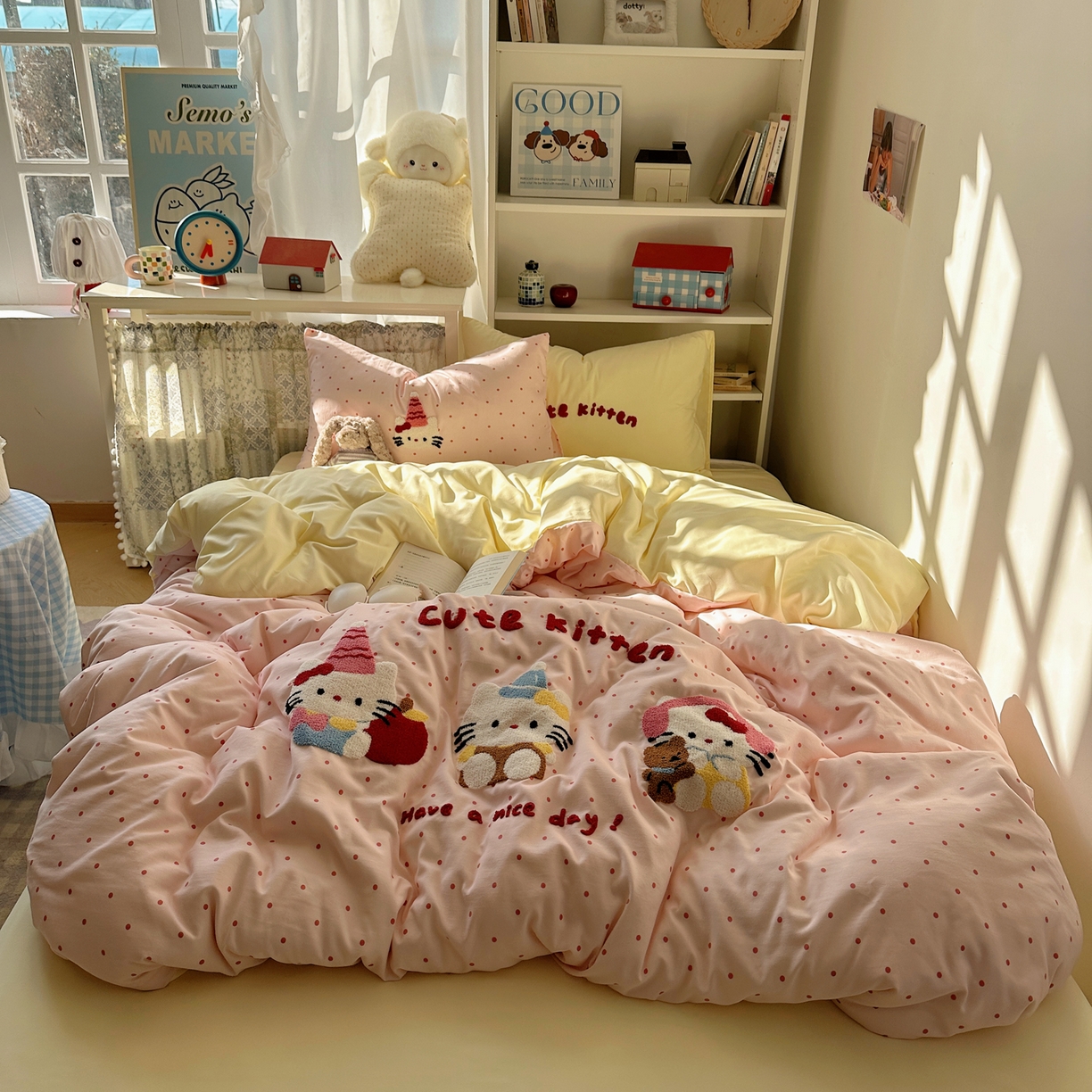 91家纺网 家纺一手货源 找家纺 玉海棠家纺 2026新款高克重超软糯可爱系毛巾绣四件套 甜粉三小只