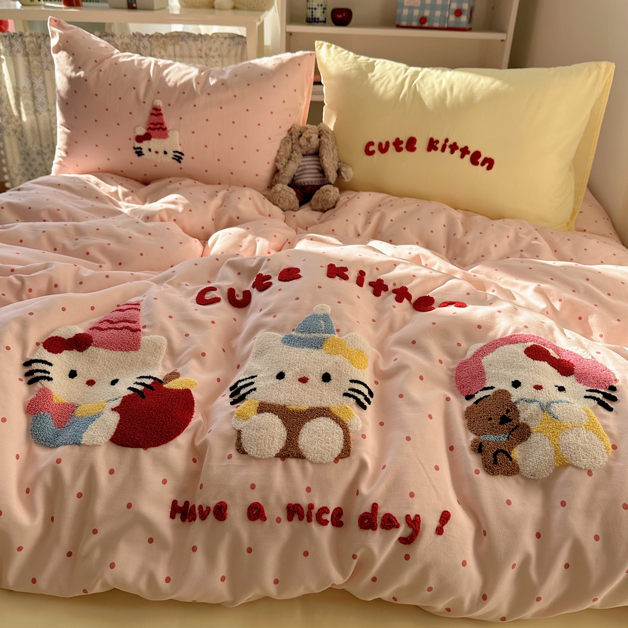 91家纺网 家纺一手货源 找家纺 玉海棠家纺 2026新款高克重超软糯可爱系毛巾绣四件套 甜粉三小只