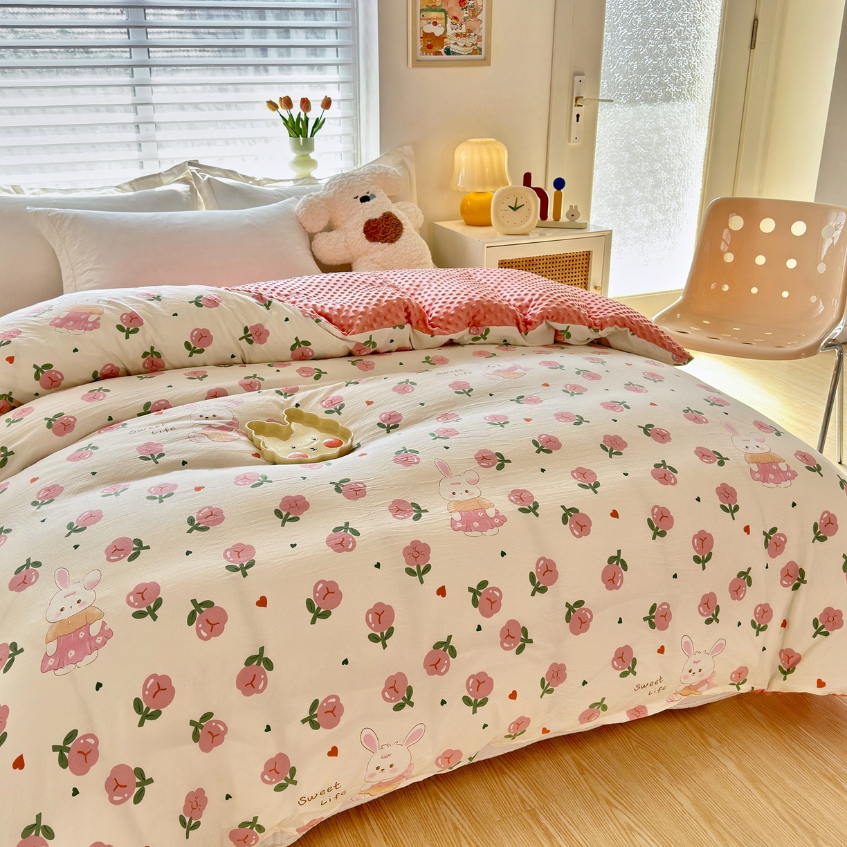 91家纺网 家纺一手货源 找家纺 赛琳 2026新款AB版亲肤棉豆豆绒单被套四季通用单独被套被套单件单被套（有买家秀） 粉色小兔