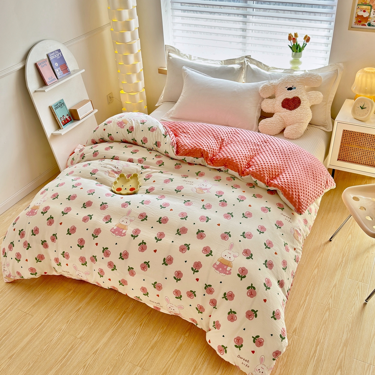 91家纺网 家纺一手货源 找家纺 赛琳 2026新款AB版亲肤棉豆豆绒单被套四季通用单独被套被套单件单被套（有买家秀） 粉色小兔