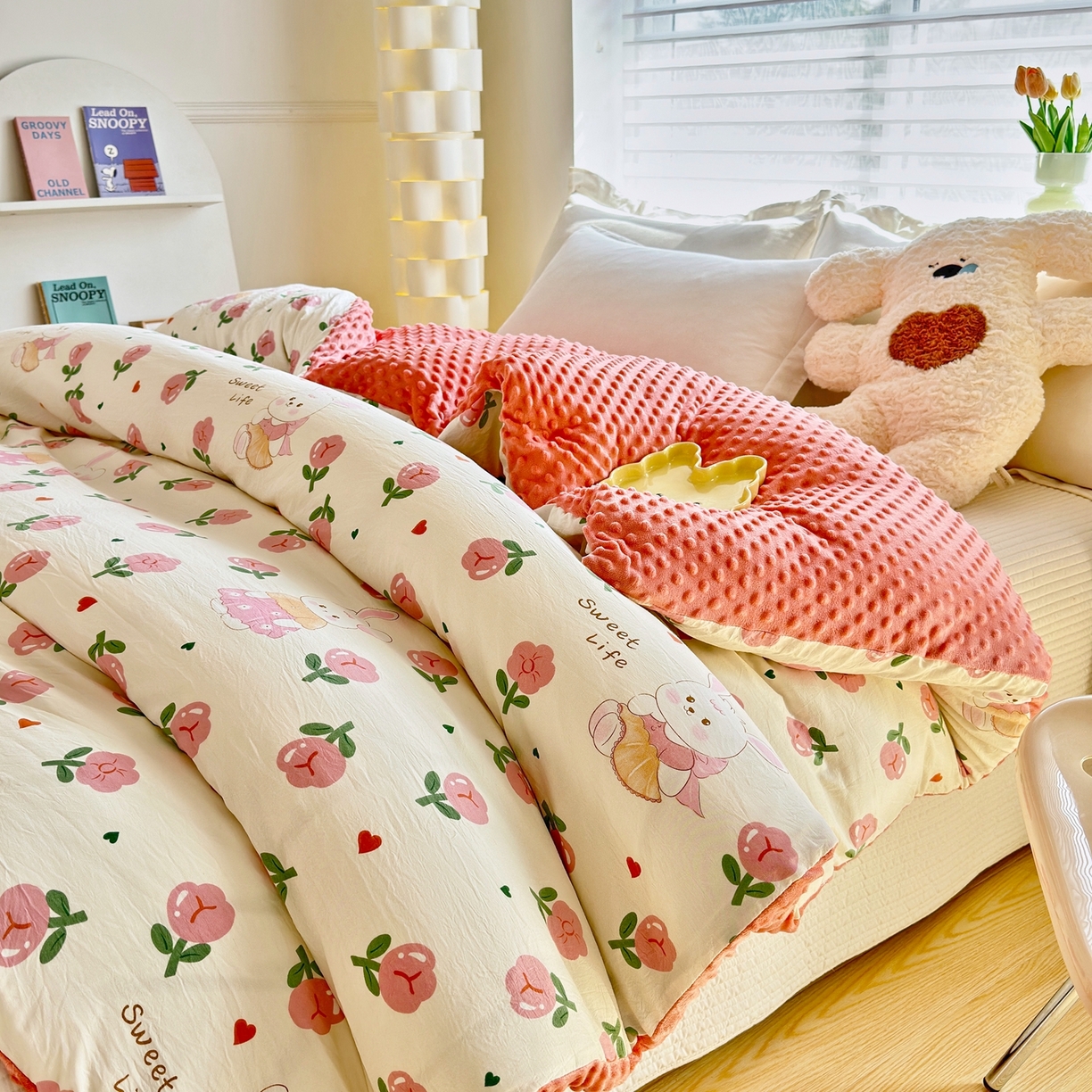 91家纺网 家纺一手货源 找家纺 赛琳 2026新款AB版亲肤棉豆豆绒单被套四季通用单独被套被套单件单被套（有买家秀） 粉色小兔