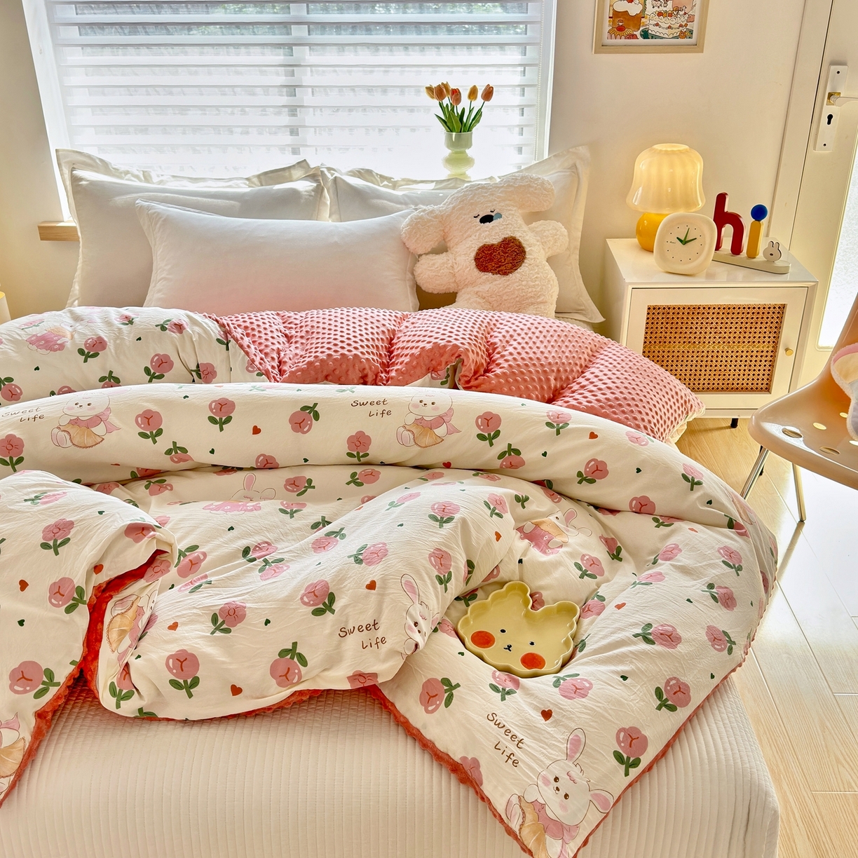 91家纺网 家纺一手货源 找家纺 赛琳 2026新款AB版亲肤棉豆豆绒单被套四季通用单独被套被套单件单被套（有买家秀） 粉色小兔