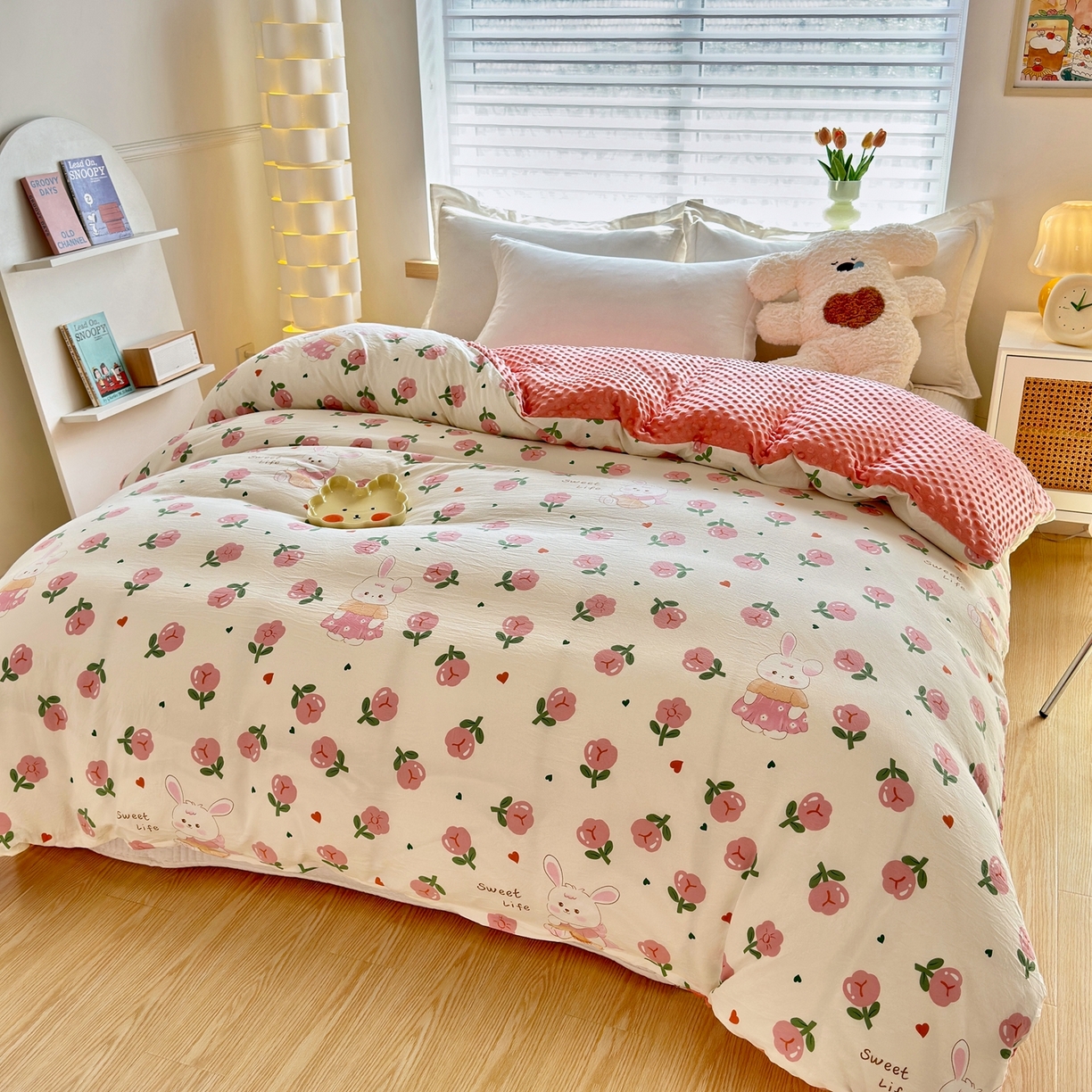 91家纺网 家纺一手货源 找家纺 赛琳 2026新款AB版亲肤棉豆豆绒单被套四季通用单独被套被套单件单被套（有买家秀） 粉色小兔