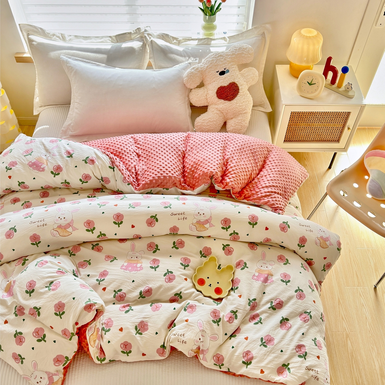 91家纺网 家纺一手货源 找家纺 赛琳 2026新款AB版亲肤棉豆豆绒单被套四季通用单独被套被套单件单被套（有买家秀） 粉色小兔