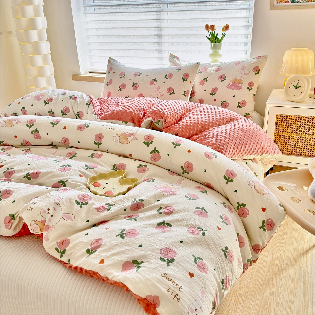 91家纺网 家纺一手货源 找家纺 赛琳 2026新款AB版亲肤棉豆豆绒单被套四季通用单独被套被套单件单被套（有买家秀） 粉色小兔