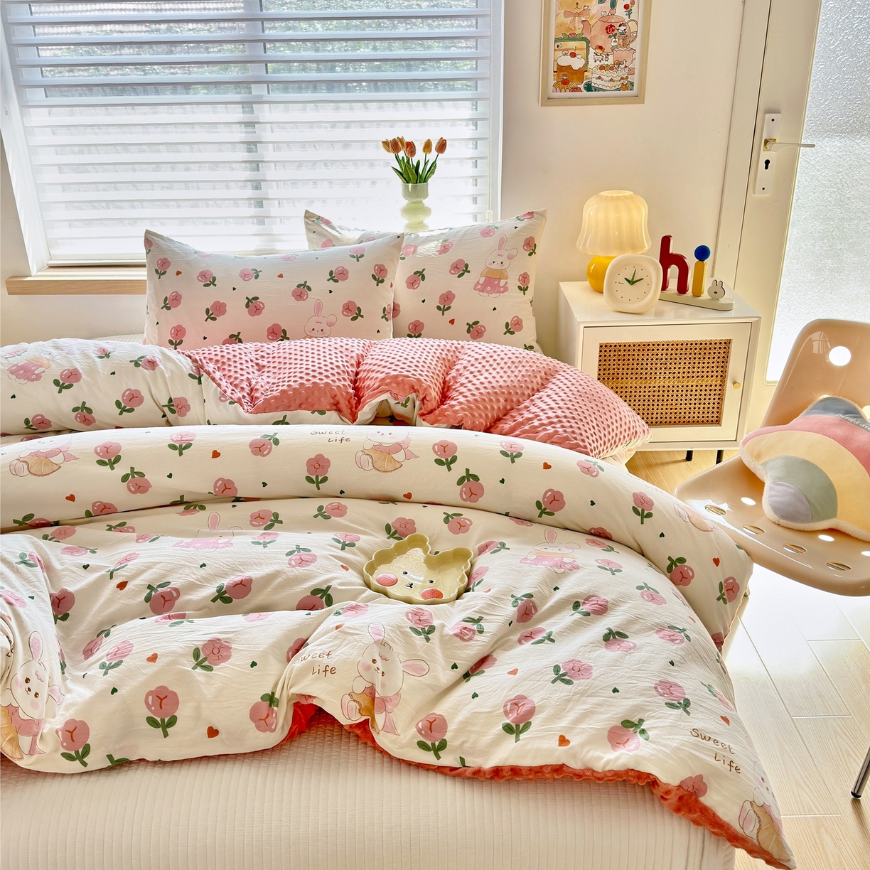 91家纺网 家纺一手货源 找家纺 赛琳 2026新款AB版亲肤棉豆豆绒单被套四季通用单独被套被套单件单被套（有买家秀） 粉色小兔