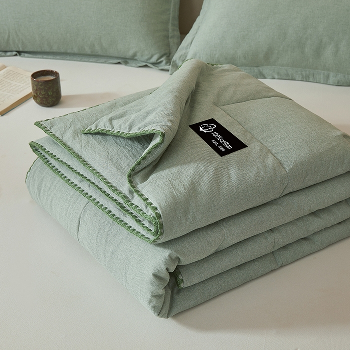91家纺网 家纺一手货源 找家纺 锦尚坊被芯馆 2026新款100%纯棉色织绣边100%棉花夏被全棉夏凉被空调春秋被买家秀+V 纯色--豆绿