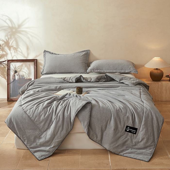 91家纺网 家纺一手货源 找家纺 锦尚坊被芯馆 2026新款100%纯棉色织绣边100%棉花夏被全棉夏凉被空调春秋被买家秀+V 纯色--灰
