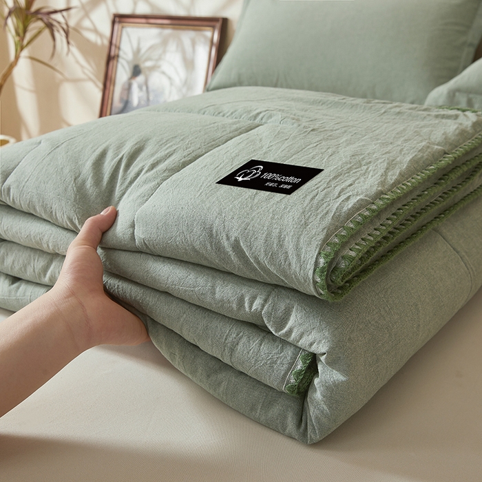 91家纺网 家纺一手货源 找家纺 锦尚坊被芯馆 2026新款100%纯棉色织绣边100%棉花夏被全棉夏凉被空调春秋被买家秀+V 纯色--豆绿