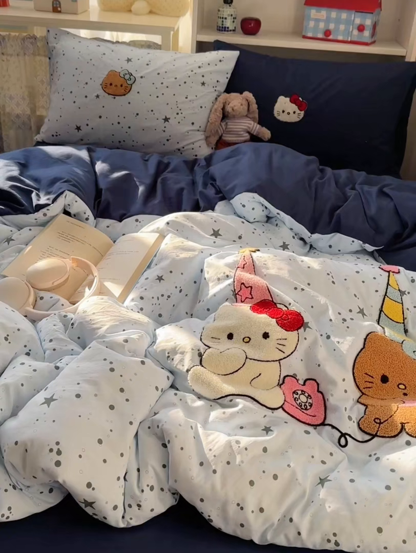 91家纺网 家纺一手货源 找家纺 玉海棠家纺 2026新款高克重超软糯可爱系毛巾绣四件套 约会猫咪