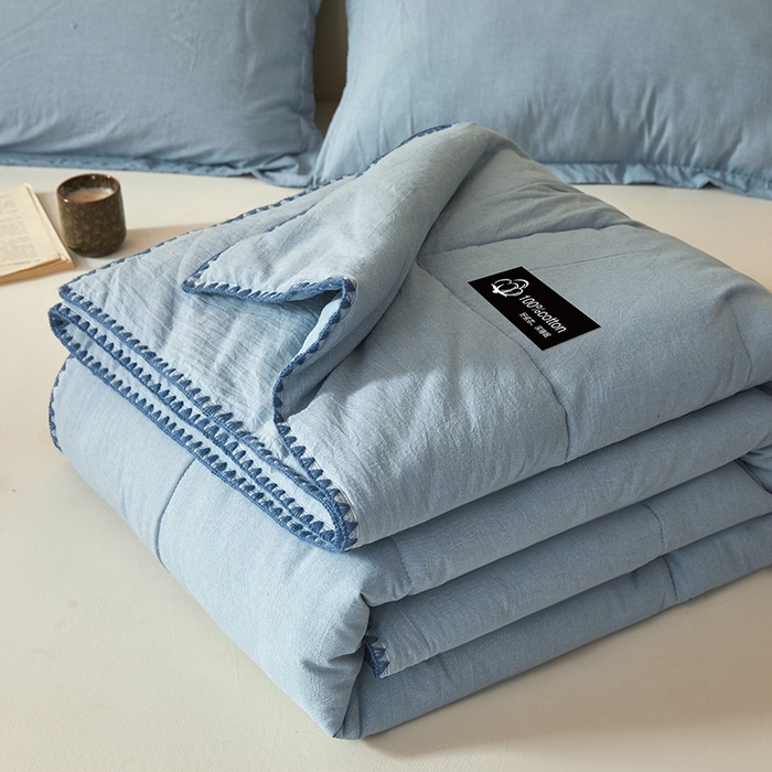 91家纺网 家纺一手货源 找家纺 锦尚坊被芯馆 2026新款100%纯棉色织绣边100%棉花夏被全棉夏凉被空调春秋被买家秀+V 纯色--湖蓝