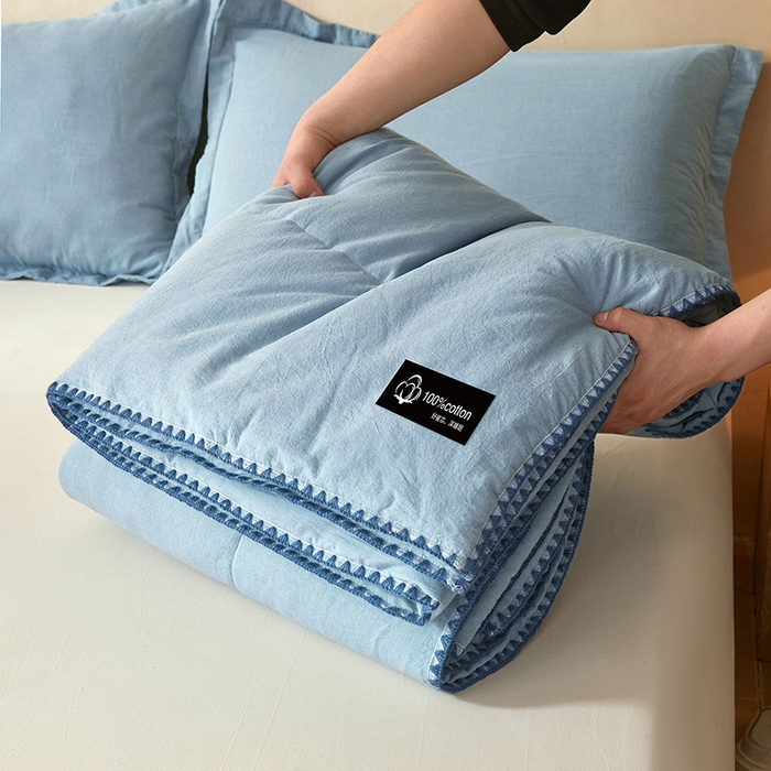 91家纺网 家纺一手货源 找家纺 锦尚坊被芯馆 2026新款100%纯棉色织绣边100%棉花夏被全棉夏凉被空调春秋被买家秀+V 纯色--湖蓝