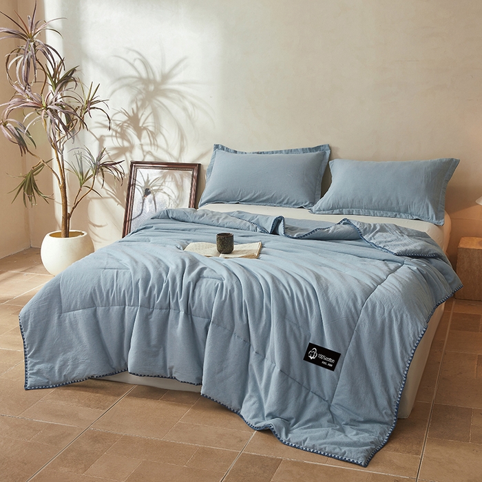 91家纺网 家纺一手货源 找家纺 锦尚坊被芯馆 2026新款100%纯棉色织绣边100%棉花夏被全棉夏凉被空调春秋被买家秀+V 纯色--湖蓝