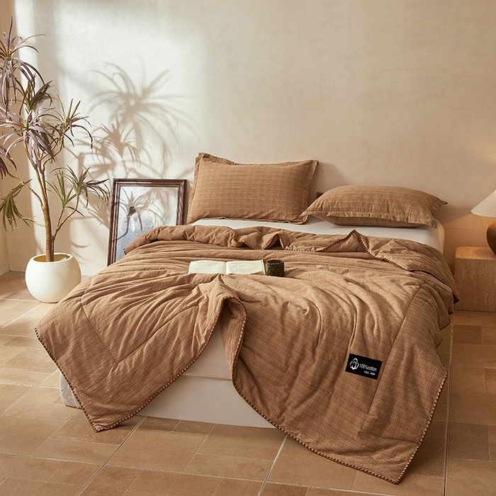 91家纺网 家纺一手货源 找家纺 锦尚坊被芯馆 2026新款100%纯棉色织绣边100%棉花夏被全棉夏凉被空调春秋被买家秀+V 繁华--咖