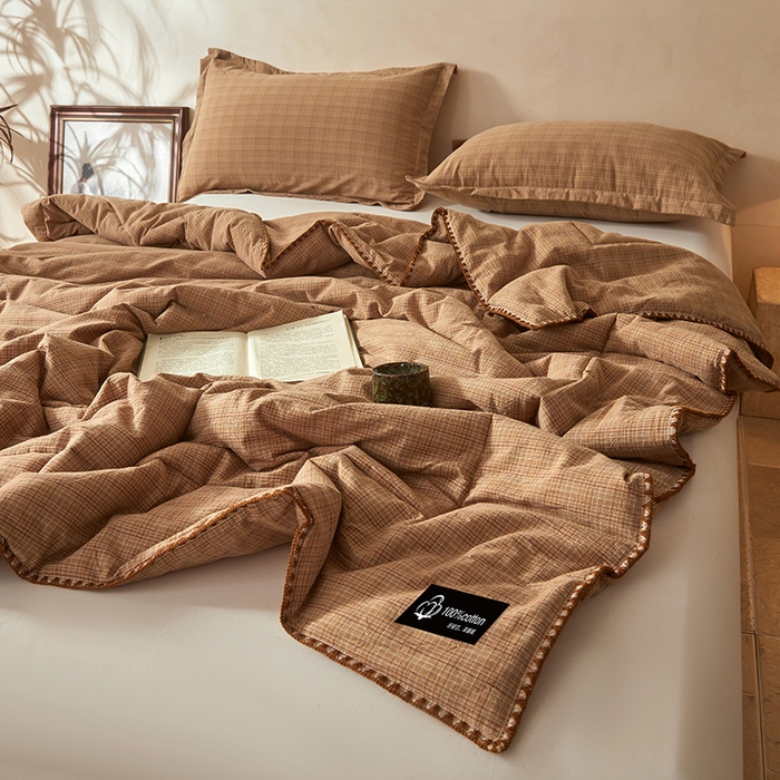 91家纺网 家纺一手货源 找家纺 锦尚坊被芯馆 2026新款100%纯棉色织绣边100%棉花夏被全棉夏凉被空调春秋被买家秀+V 繁华--咖