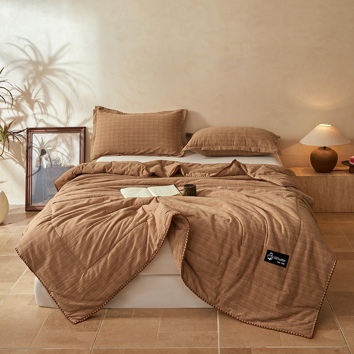 91家纺网 家纺一手货源 找家纺 锦尚坊被芯馆 2026新款100%纯棉色织绣边100%棉花夏被全棉夏凉被空调春秋被买家秀+V 繁华--咖